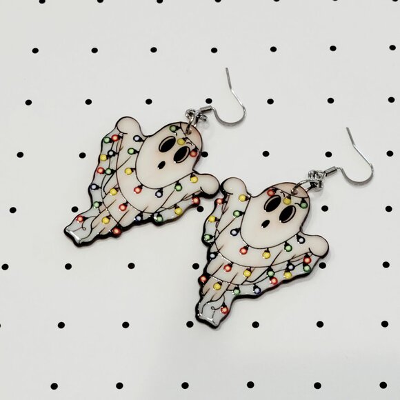 Christmas Lights Ghost Earrings Stainless Steel Hooks Holiday Horror Ghoul NEW - Picture 3 of 6